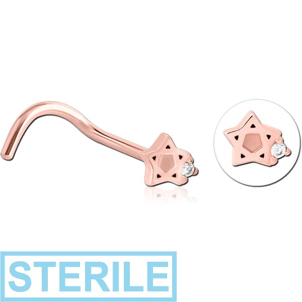 STERILE ROSE GOLD PVD COATED SURGICAL STEEL CURVED JEWELLED NOSE STUD