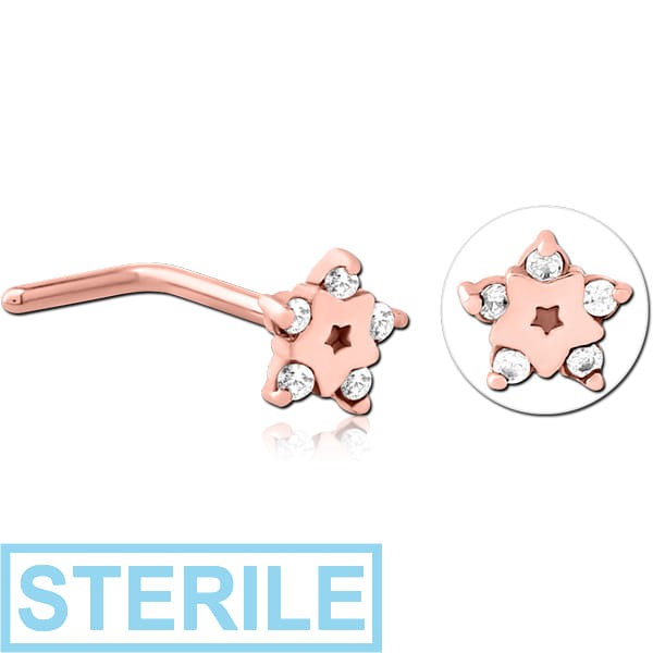 STERILE ROSE GOLD PVD COATED SURGICAL STEEL 90 DEGREE JEWELLED NOSE STUD