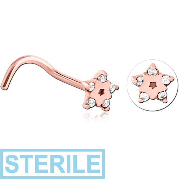 STERILE ROSE GOLD PVD COATED SURGICAL STEEL CURVED JEWELLED NOSE STUD
