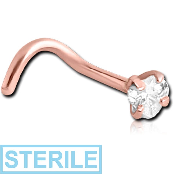 STERILE ROSE GOLD PVD COATED SURGICAL STEEL CURVED PRONG SET HEART JEWELLED NOSE STUD