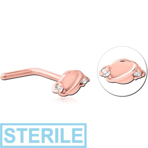 STERILE ROSE GOLD PVD COATED SURGICAL STEEL 90 DEGREE JEWELLED NOSE STUD