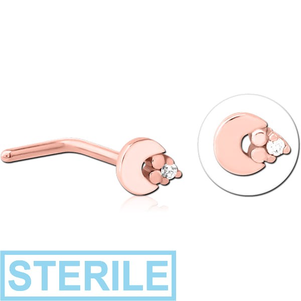 STERILE ROSE GOLD PVD COATED SURGICAL STEEL 90 DEGREE JEWELLED NOSE STUD