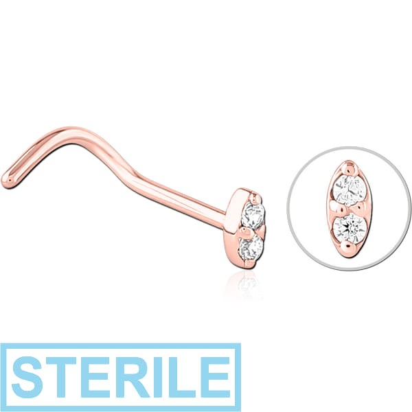 STERILE ROSE GOLD PVD COATED SURGICAL STEEL CURVED JEWELLED NOSE STUD