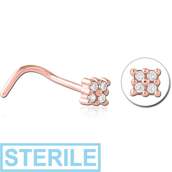 STERILE ROSE GOLD PVD COATED SURGICAL STEEL JEWELLED NOSE STUDS
