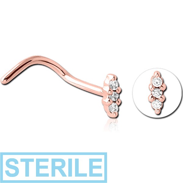 STERILE ROSE GOLD PVD COATED SURGICAL STEEL JEWELLED NOSE STUDS