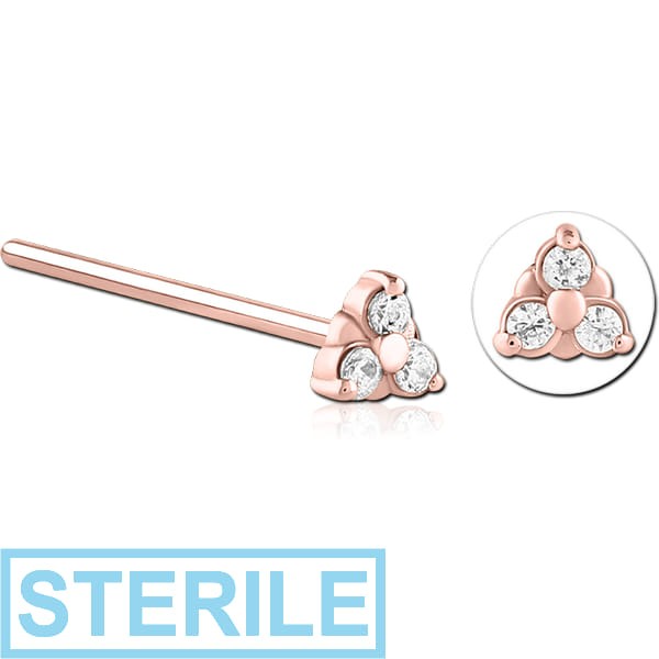 STERILE ROSE GOLD PVD COATED SURGICAL STEEL STRAIGHT JEWELLED NOSE STUD