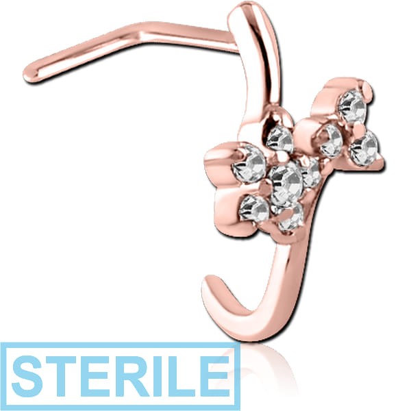 STERILE ROSE GOLD PVD COATED SURGICAL STEEL 90 DEGREE JEWELLED WRAP AROUND NOSE STUD - FLOWERS