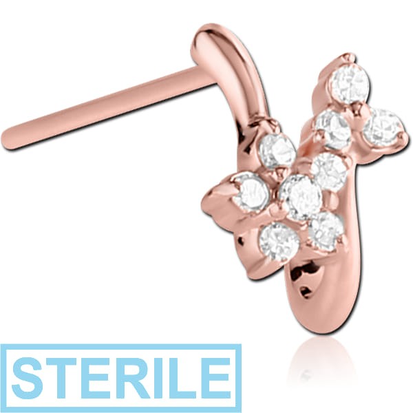 STERILE ROSE GOLD PVD COATED SURGICAL STEEL STRAIGHT JEWELLED WRAP AROUND NOSE STUD - FLOWERS