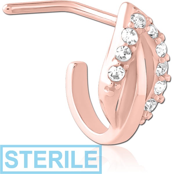 STERILE ROSE GOLD PVD COATED SURGICAL STEEL 90 DEGREE JEWELLED WRAP AROUND NOSE STUD - LEAF