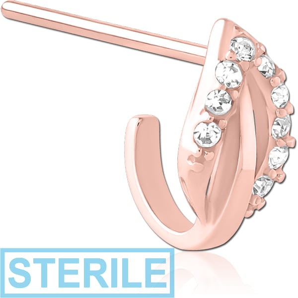 STERILE ROSE GOLD PVD COATED SURGICAL STEEL STRAIGHT JEWELLED WRAP AROUND NOSE STUD - LEAF