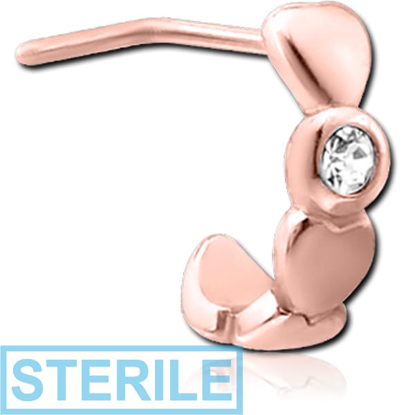 STERILE ROSE GOLD PVD COATED SURGICAL STEEL 90 DEGREE JEWELLED WRAP AROUND NOSE STUD - HEARTS