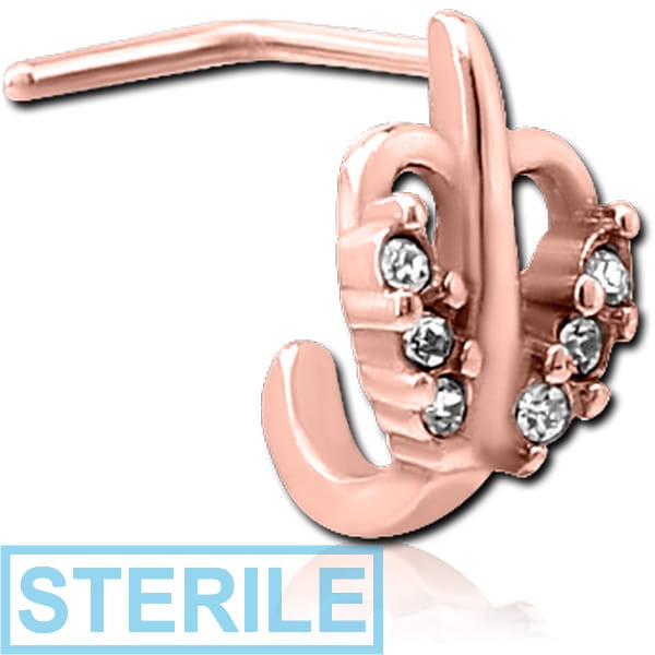 STERILE ROSE GOLD PVD COATED SURGICAL STEEL 90 DEGREE JEWELLED WRAP AROUND NOSE STUD - HEART LEAF