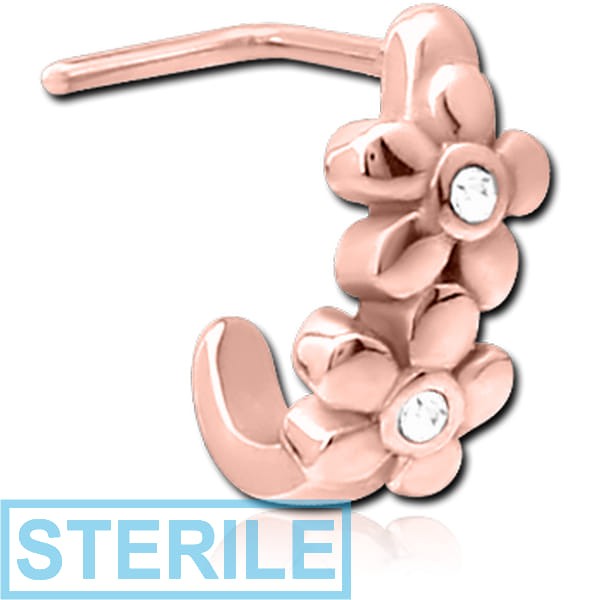 STERILE ROSE GOLD PVD COATED SURGICAL STEEL 90 DEGREE JEWELLED WRAP AROUND NOSE STUD - 2 FLOWERS
