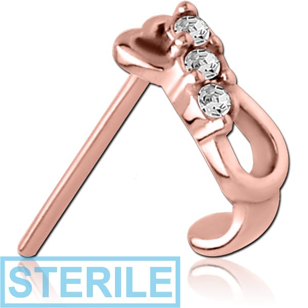 STERILE ROSE GOLD PVD COATED SURGICAL STEEL STRAIGHT JEWELLED WRAP AROUND NOSE STUD - TRIPLE GEM HEART