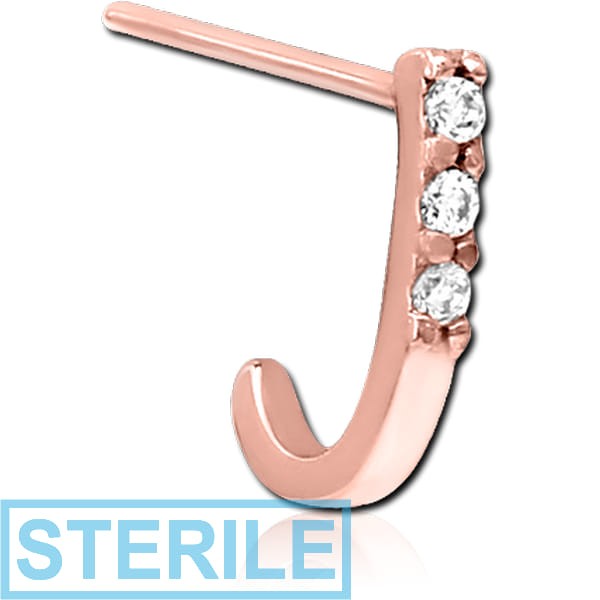 STERILE ROSE GOLD PVD COATED SURGICAL STEEL STRAIGHT JEWELLED WRAP AROUND NOSE STUD - TRIPLE GEM SQUARE BAR