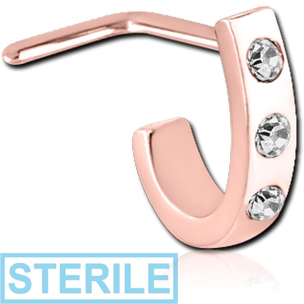 STERILE ROSE GOLD PVD COATED SURGICAL STEEL 90 DEGREE JEWELLED WRAP AROUND NOSE STUD - FLAT TRIPLE GEM