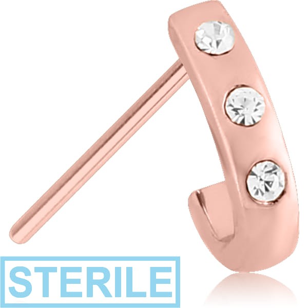 STERILE ROSE GOLD PVD COATED SURGICAL STEEL STRAIGHT JEWELLED WRAP AROUND NOSE STUD - FLAT TRIPLE GEM
