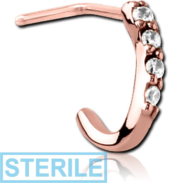STERILE ROSE GOLD PVD COATED SURGICAL STEEL 90 DEGREE JEWELLED WRAP AROUND NOSE STUD - QUADRUPLE GEMS ROUND BAR