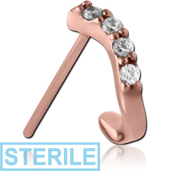 STERILE ROSE GOLD PVD COATED SURGICAL STEEL STRAIGHT JEWELLED WRAP AROUND NOSE STUD - QUADRUPLE GEMS ROUND BAR