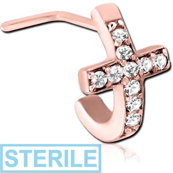STERILE ROSE GOLD PVD COATED SURGICAL STEEL 90 DEGREE JEWELLED WRAP AROUND NOSE STUD - CROSS EITH GEMS