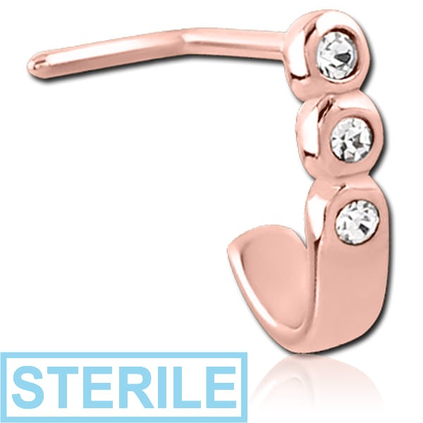 STERILE ROSE GOLD PVD COATED SURGICAL STEEL 90 DEGREE JEWELLED WRAP AROUND NOSE STUD - TRIPLE ROUND GEMS