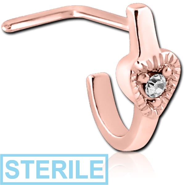 STERILE ROSE GOLD PVD COATED SURGICAL STEEL 90 DEGREE JEWELLED WRAP AROUND NOSE STUD - BIG HEART FLAT BAR
