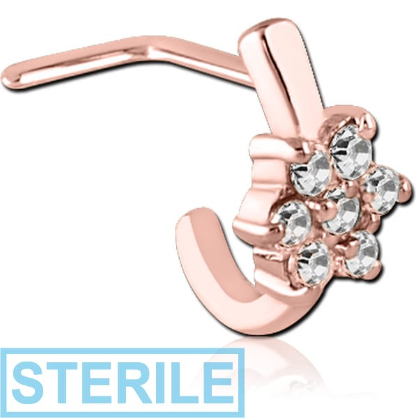 STERILE ROSE GOLD PVD COATED SURGICAL STEEL 90 DEGREE JEWELLED WRAP AROUND NOSE STUD - 7 GEM FLOWER
