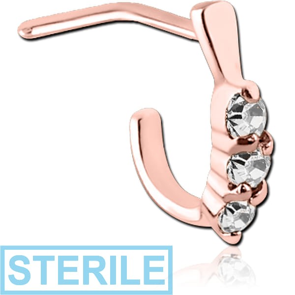 STERILE ROSE GOLD PVD COATED SURGICAL STEEL 90 DEGREE JEWELLED WRAP AROUND NOSE STUD - THREE GEMS ROUND
