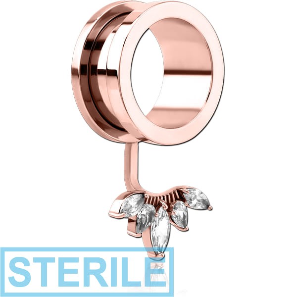 STERILE ROSE GOLD PVD COATED STAINLESS STEEL THREADED TUNNEL WITH SURGICAL STEEL TOP