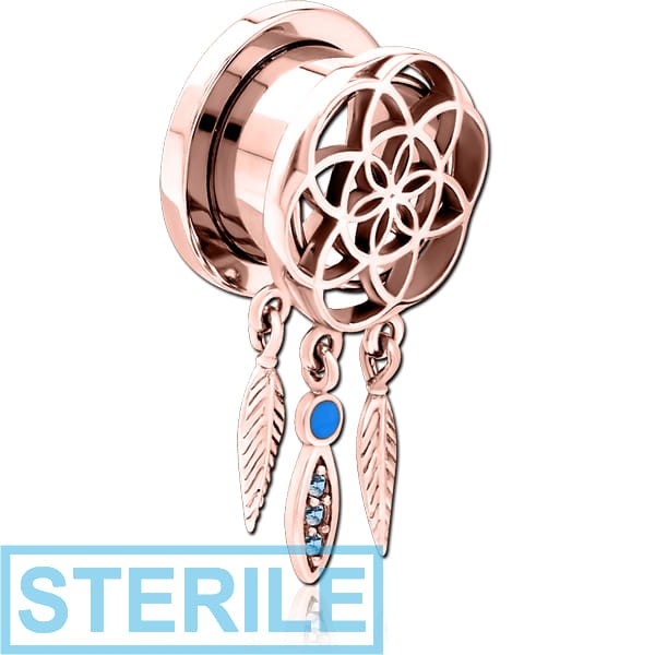 STERILE ROSE GOLD PVD COATED STAINLESS STEEL THREADED TUNNEL WITH SURGICAL STEEL JEWELLED TOP