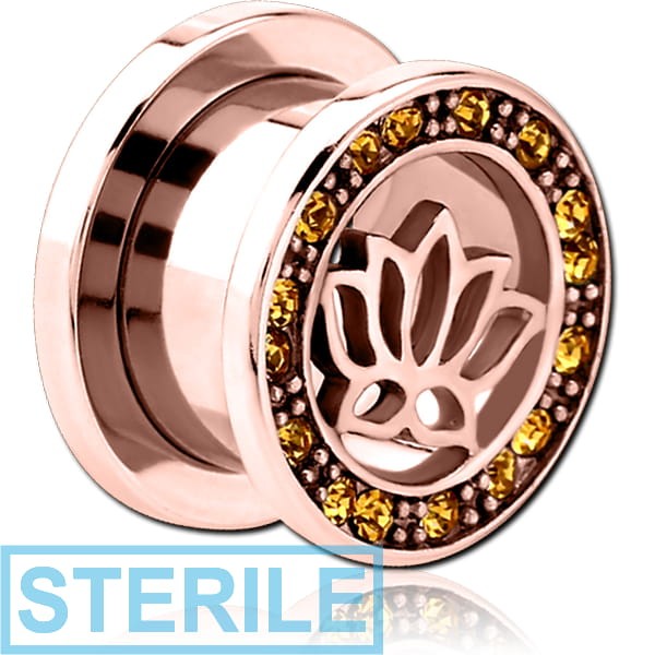 STERILE ROSE GOLD PVD COATED STAINLESS STEEL THREADED TUNNEL WITH SURGICAL STEEL JEWELLED TOP