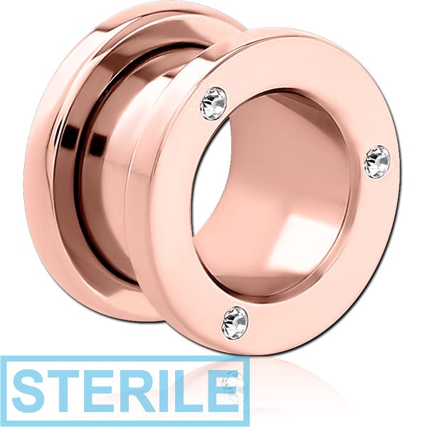 STERILE ROSE GOLD PVD COATED STAINLESS STEEL THREADED TUNNEL WITH SURGICAL STEEL JEWELLED TOP