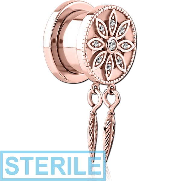 STERILE ROSE GOLD PVD COATED STAINLESS STEEL THREADED TUNNEL WITH SURGICAL STEEL JEWELLED TOP