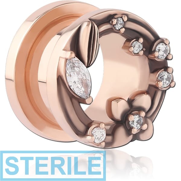 STERILE ROSE GOLD PVD COATED STAINLESS STEEL THREADED TUNNEL WITH SURGICAL STEEL JEWELLED TOP