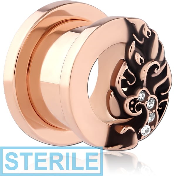 STERILE ROSE GOLD PVD COATED STAINLESS STEEL THREADED TUNNEL WITH SURGICAL STEEL JEWELLED TOP