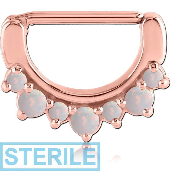 STERILE ROSE GOLD PVD COATED SURGICAL STEEL PRONG SET SYNTHETIC OPAL NIPPLE CLICKER