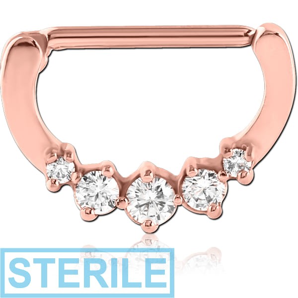 STERILE ROSE GOLD PVD COATED SURGICAL STEEL PRONG SET JEWELLED NIPPLE CLICKER