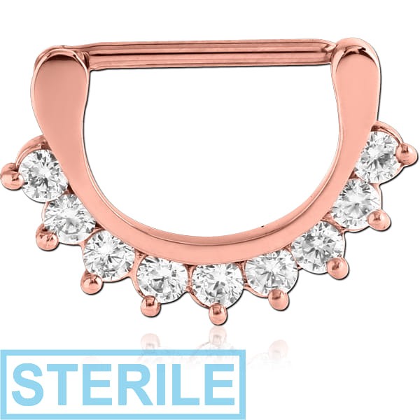 STERILE ROSE GOLD PVD COATED SURGICAL STEEL PRONG SET JEWELLED NIPPLE CLICKER