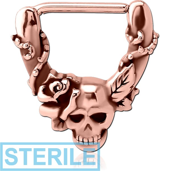 STERILE ROSE GOLD PVD COATED SURGICAL STEEL NIPPLE CLICKER - SKULLS AND ROSE