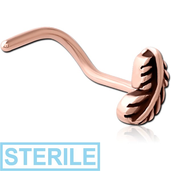 STERILE ROSE GOLD PVD COATED SURGICAL STEEL CURVED NOSE STUD - FEATHER