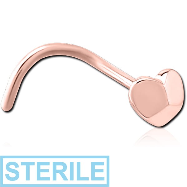 STERILE ROSE GOLD PVD COATED SURGICAL STEEL CURVED NOSE STUD - 3D HEART