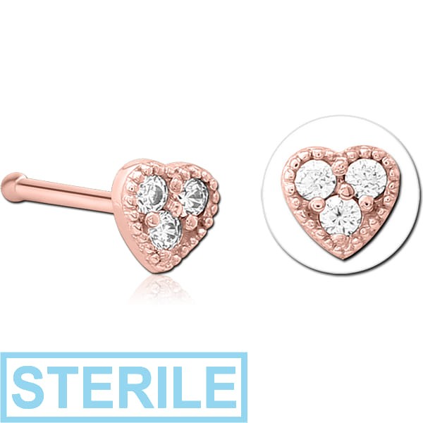 STERILE ROSE GOLD PVD COATED SURGICAL STEEL JEWELLED NOSE BONE - HEART