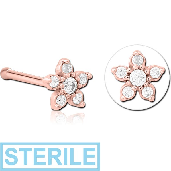 STERILE ROSE GOLD PVD COATED SURGICAL STEEL JEWELLED NOSE BONE - FLOWER