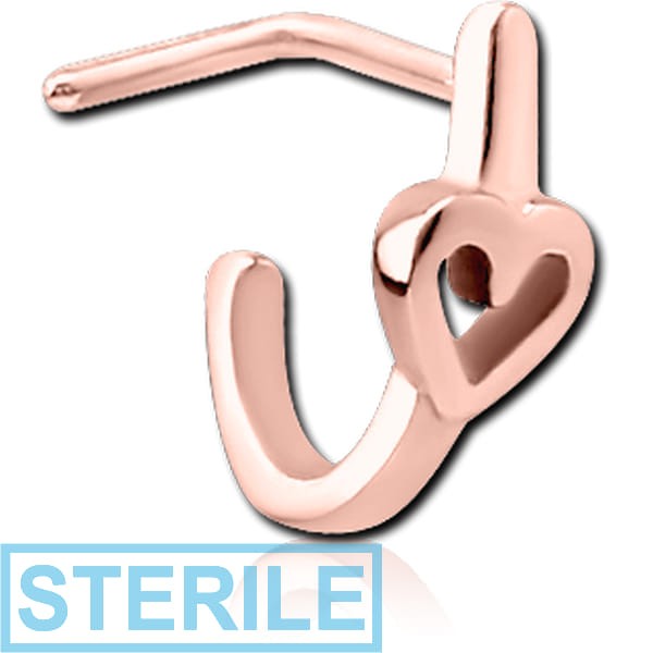 STERILE ROSE GOLD PVD COATED SURGICAL STEEL 90 DEGREE WRAP AROUND NOSE STUD - HEART