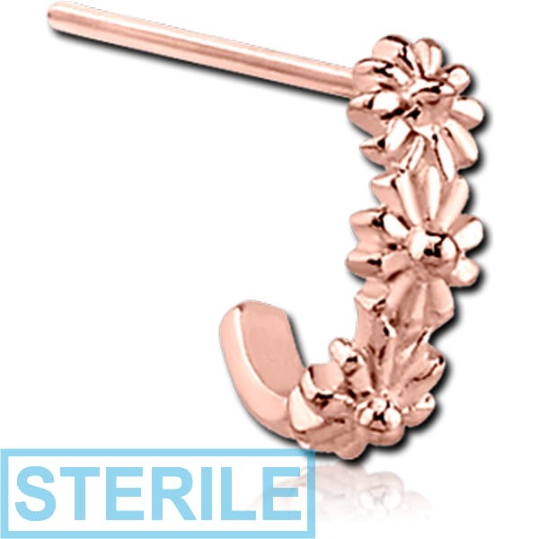 STERILE ROSE GOLD PVD COATED SURGICAL STEEL STRAIGHT WRAP AROUND NOSE STUD - THREE FLOWERS