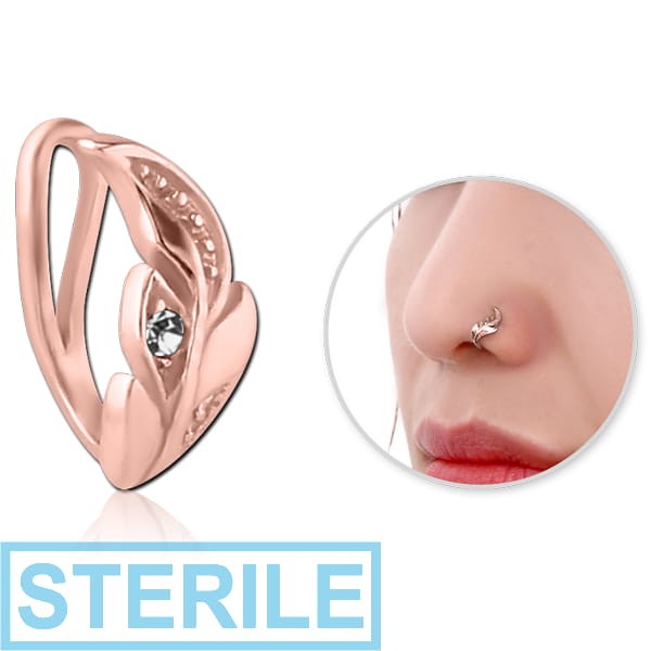 STERILE ROSE GOLD PVD COATED SURGICAL STEEL JEWELLED NOSE CLIP - LEAF
