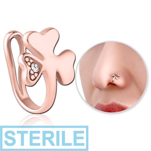 STERILE ROSE GOLD PVD COATED SURGICAL STEEL JEWELLED NOSE CLIP - SHAMROCK