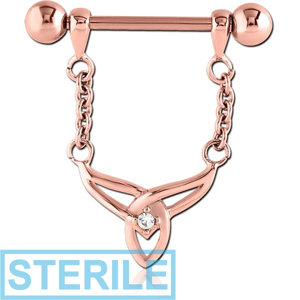 STERILE ROSE GOLD PVD COATED SURGICAL STEEL JEWELLED NIPPLE SHIELD - TRIQUETRA WITH CHAIN
