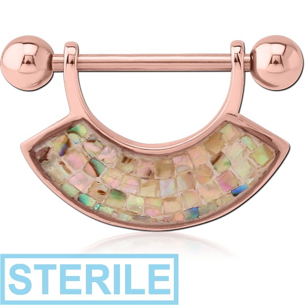 STERILE ROSE GOLD PVD COATED SURGICAL STEEL SYNTHETIC MOTHER OF PEARL MOSAIC NIPPLE SHIELD - FAN