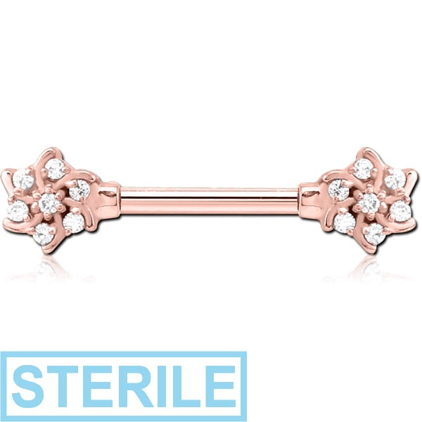 STERILE ROSE GOLD PVD COATED SURGICAL STEEL JEWELLED NIPPLE BAR